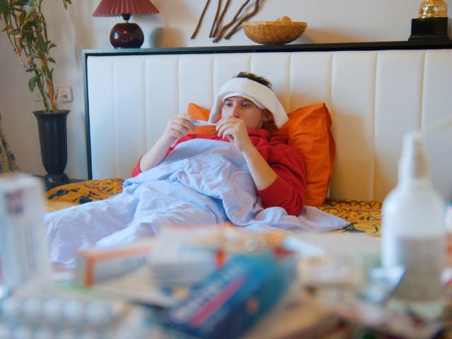 Chez le médecin : exprimer ses symptômes en français. 
Ici - une personne malade allongée sur le lit et vérifiant sa température.