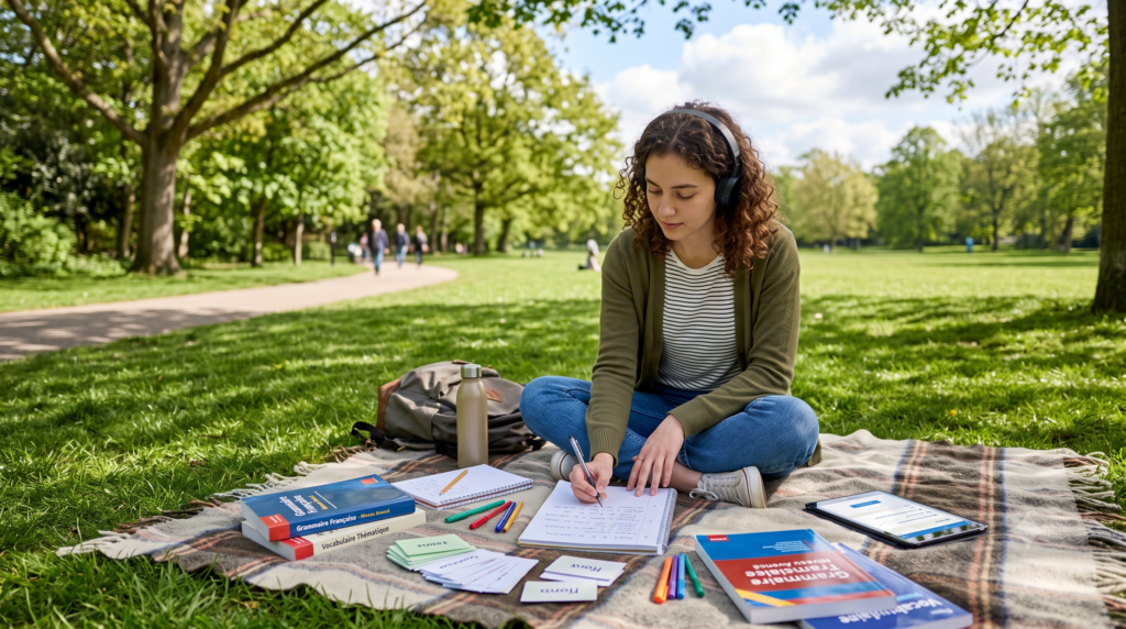 Étudiant se préparant pour réussir le DELF B2 en plein air
